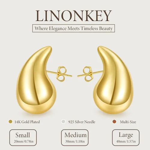 Miniatura 6 de LINONKEY Juego de 3 pares de aretes de oro con forma de lágrima para mujer, grandes, medianos, pequeños, gruesos, hipoalergénicos, chapados en oro