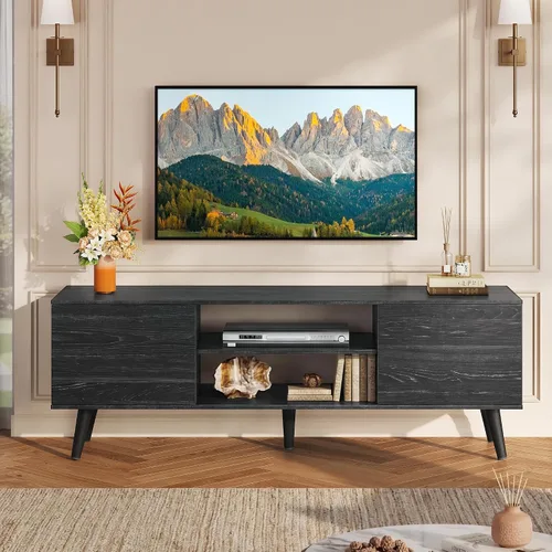 Miniatura 2 de WLIVE Soporte de TV moderno Mid-Century para TV de 55/60 pulgadas, centro de entretenimiento con almacenamiento y estantes ajustables, consola Negro