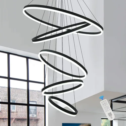 Candelabro LED moderno de 5 anillos, color negro, regulable, de techo alto, para comedor con control remoto para vestíbulo, sala de estar, entrada,