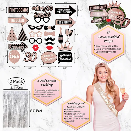 Miniatura 5 de PartyHooman Decoraciones de cumpleaños número 30 para mujer con banda de cumpleaños número 30 y tiara de diamantes de imitación Globos