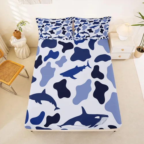 Miniatura 5 de Manfei Juego de sábana bajera de camuflaje de animales marinos, 2 piezas, diseño de camuflaje de tiburones y ballenas, con 1 funda de almohada