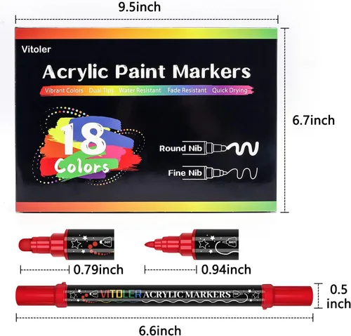 Miniatura 7 de Vitoler Marcadores de pintura acrílica, 18 bolígrafos de pintura, juegos de marcadores acrílicos con punta de pincel y punta de punto para rocas