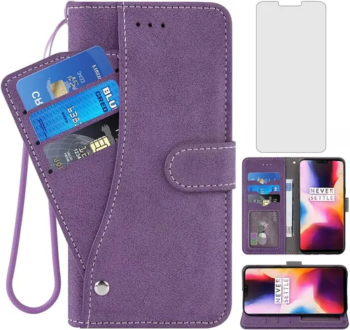 Asuwish Compatible con OnePlus 6 Funda tipo cartera y protector de pantalla de vidrio templado con tapa para OnePlus6 A6000 One Plus6 1 Plus 1plus