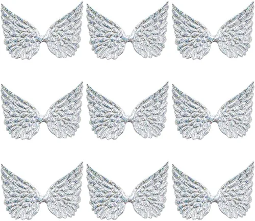3.54 pulgadas, 50 piezas de alas de ángel plateadas, parches pequeños de tela en relieve brillante con polvos de purpurina, apliques bordados para