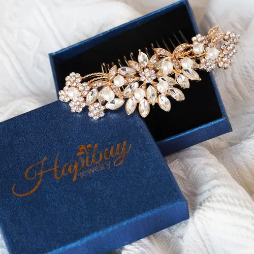 Miniatura 7 de Hapibuy - Peineta de boda con cristales, peine de novia con perlas, tocado de boda en oro, accesorio para el cabello para usar en fiestas