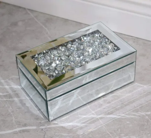 Miniatura 4 de QMDECOR Caja de joyería de lujo con espejo de cristal de diamante triturado de plata para mujeres