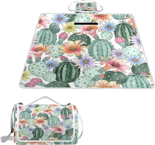 MNSRUU Manta de picnic impermeable plegable, cactus en acuarela, grande al aire libre, picnic, playa, camping, manta de viaje, con correa para el