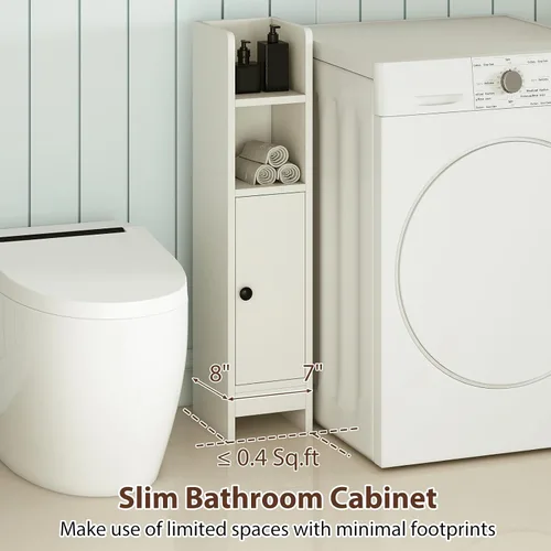 Miniatura 6 de Tangkula Armario de almacenamiento de baño pequeño, gabinete de piso de esquina delgado estrecho con estante ajustable y 2 estantes abiertos, Blanco