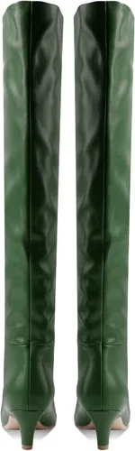 Miniatura 2 de MOOMMO Botas altas de tacón de gatito sobre la rodilla para mujer, punta cuadrada, de cuero mate, de meter de pantorrilla ancha, plisadas, tacón