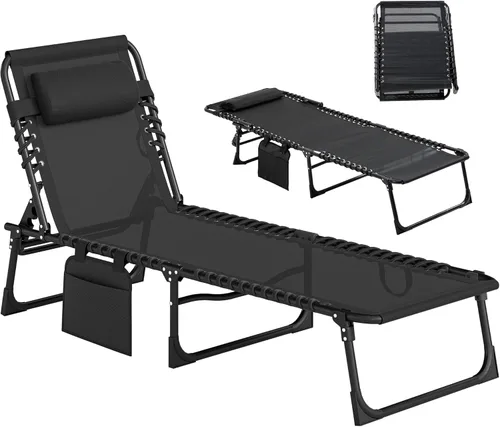 Outsunny Tumbona plegable para exteriores, silla de bronceado con bolsillo lateral, correa de transporte, tumbona portátil para patio y playa con