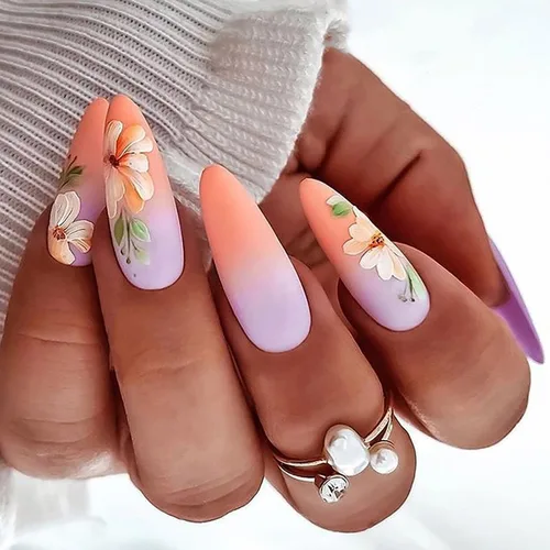 Miniatura 13 de Uñas postizas ovaladas a presión con puntas francesas, juego de uñas postizas cortas de flores artificiales, uñas postizas acrílicas con diseños