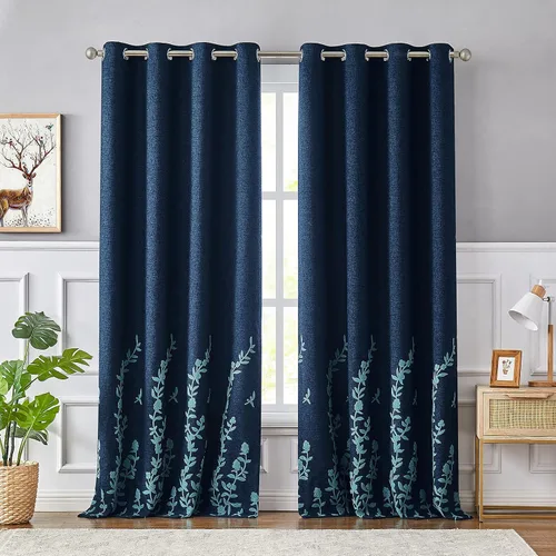 Melodieux Cortinas opacas texturizadas de lino con bordado de flores para sala de estar, dormitorio, cortina de ventana con ojales plateados, azul