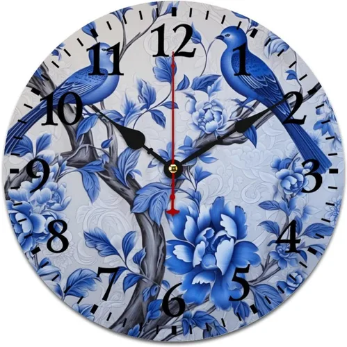 Miniatura 10 de Chinoiserie - Reloj de pared de madera moderno con patrón floral azul y blanco, flores y pájaros, funciona con pilas, con movimiento de cuarzo, azul