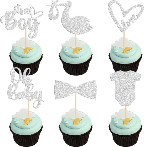 Miniatura 9 de Gyufise 36 piezas Adornos para cupcakes de baby shower con purpurina, chupete, carrito de bebé, oso, Oh Baby, púas para cupcakes para revelación