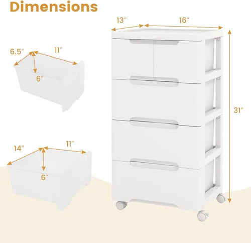 Miniatura 3 de LOKO Carrito de almacenamiento rodante de plástico de 5 cajones, gabinete de almacenamiento móvil con 4 ruedas universales, unidad contenedora