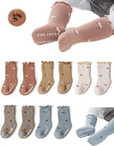 Calcetines antideslizantes para bebés, calcetines cálidos y gruesos antideslizantes para niñas, niños y recién nacidos, 5 pares