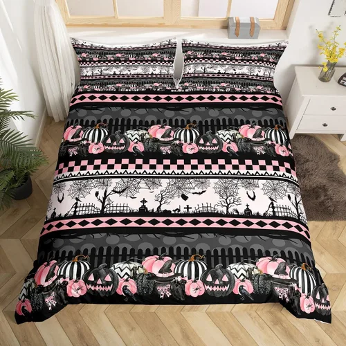 Miniatura 19 de Lindo juego de funda de edredón de fantasma, tamaño individual para niños y niñas, juego de ropa de cama de calabaza y calavera de azúcar, funda