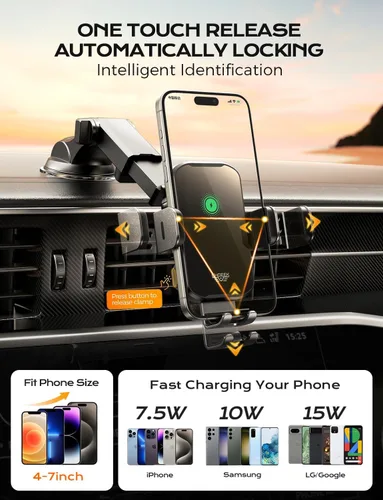 Miniatura 4 de Soporte inalámbrico con cargador de coche para teléfono, carga rápida de 15W, soporte de teléfono con sujeción automática para el salpicadero