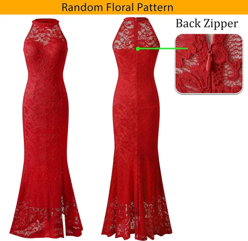 Miniatura 4 de VFSHOW Vestido largo de encaje con cuello halter y cremallera para mujer