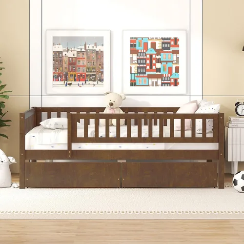 Miniatura 12 de DEINPPA Cama individual con cajones, sofá cama para niños con almacenamiento, marco de cama de madera con listones para niños, niños y niñas, natural