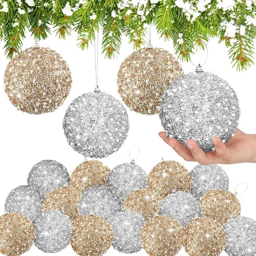 Miniatura 9 de Lyrow 24 piezas 3.15" Juego de adornos de bola de Navidad con purpurina, bola de espuma con lentejuelas colgante, decorativa, en masa, para árbol