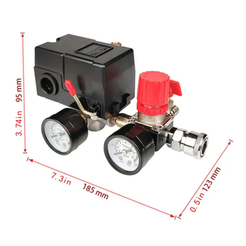 Miniatura 4 de Válvula de control del interruptor de presión del compresor de aire, 90-120 PSI con regulador y manómetro, 4 puertos 1/4" NPT con válvula