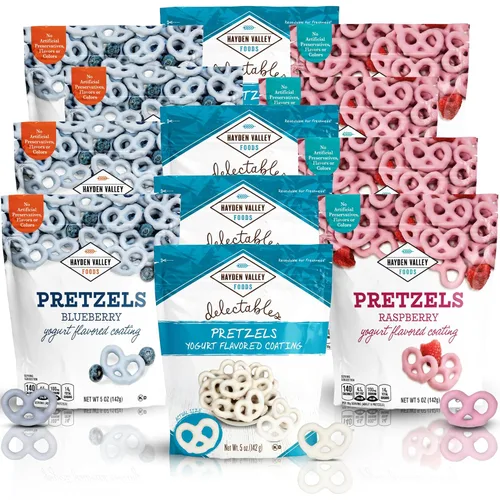 Hayden Valley Foods Paquete Variado de Pretzels Cubiertos con Sabor a Yogur | Bolsas de 5 oz (Paquete de 12) | Frambuesa, Arándano y Vainilla |