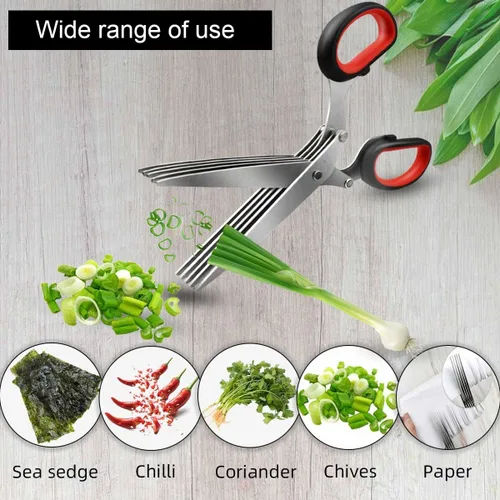 Miniatura 2 de Tijeras de Hierbas de Cocina de 5 Cuchillas, Cortador de Hierbas Multiusos con 5 Cuchillas de Acero Inoxidable y Cubierta de Seguridad y Peine