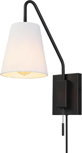 Miniatura 5 de Globe Electric 65000043 Lámpara de pared de 1 luz enchufable o cableada, negro mate, pantalla de tela blanca, brazo oscilante, cable de 1.8 metros