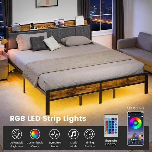 Miniatura 3 de PROTEA Base de cama de tamaño individual con luces LED y estación de carga, cabecera tapizada con almacenamiento, plataforma resistente con listones
