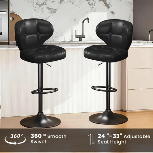 Miniatura 3 de Juego de 2 taburetes de bar, taburetes de bar giratorios ajustables con respaldo, sillas de bar de altura de mostrador con reposapiés, asiento Negro