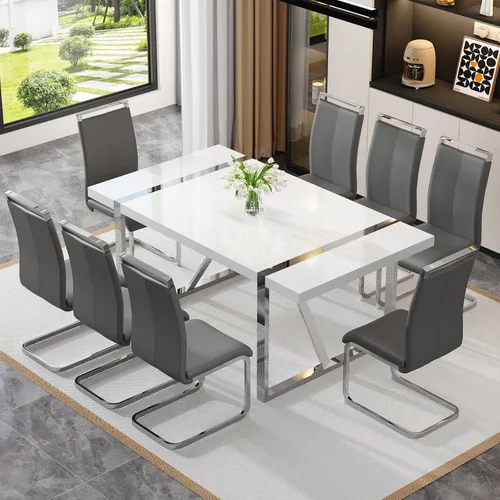 Miniatura 38 de Mesa de comedor Ebullient para 4, mesa de comedor rectangular negra de MDF, tapa de mesa de cena de mármol falso, mesa de comedor moderna con marco