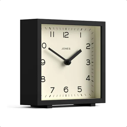 JONES CLOCKS® Reloj de escritorio disco | Elegante diseño cuadrado | Negro | Elegante y fácil de leer para estante, mesa, mantel o mesita de noche