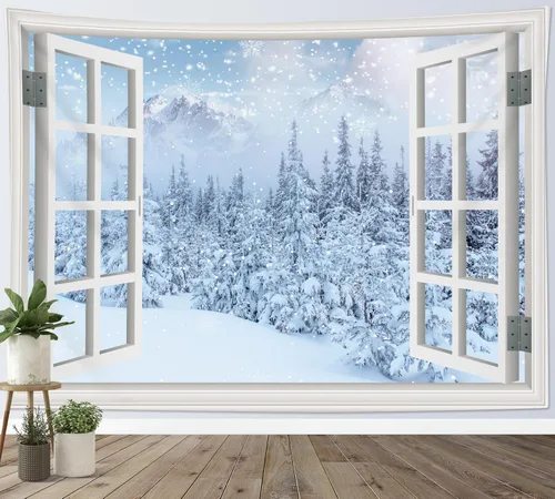Miniatura 18 de LB Tapiz de Navidad de invierno, ventana de invierno exterior, pino nevado en bosque, tapiz de pared para dormitorio, paisaje de montaña, arte