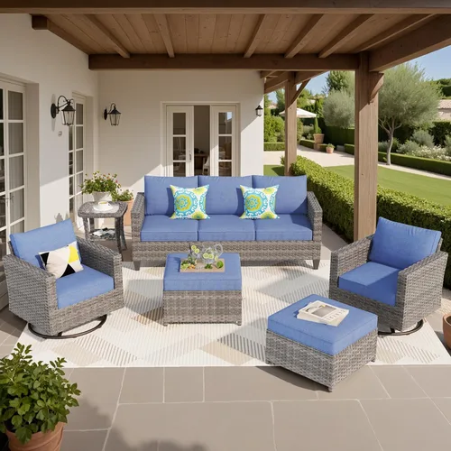Miniatura 16 de ovios Juego de muebles de patio de 8 piezas, sofá de mimbre para exteriores con sillas giratorias, mecedora con cojines cómodos, juego de Beige