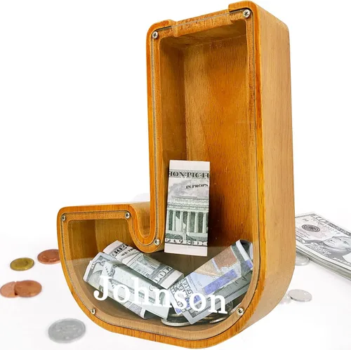 Miniatura 29 de Alcancía para niños y niñas, alcancía grande de madera personalizada con diseño recortado, bancos de monedas con letras del alfabeto, caja de ahorro