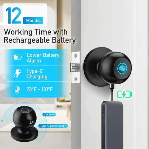 Miniatura 5 de Cerradura de puerta de huella dactilar, perilla de puerta inteligente con cerradura, cerradura de puerta biométrica con control por aplicación