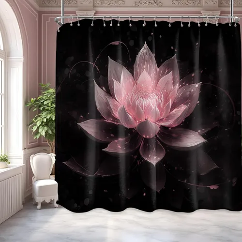 Miniatura 20 de Cortina de ducha con flores de loto negro y azul para decoración de baño, juego de cortinas decorativas de baño con estampado floral, tela