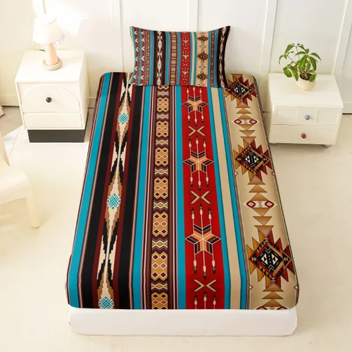 Miniatura 38 de Juego de ropa de cama de estilo bohemio occidental, tamaño individual, diseño de vaca atrapasueños, sábana bajera ajustable del suroeste, tribu