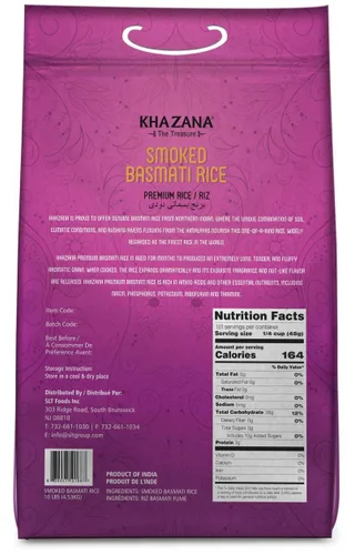 Miniatura 2 de Auténtico arroz basmati ahumado por Khazana en bolsa de 10 libras, grano indio aromático y sabroso, sin OMG, sin gluten, kosher, sin colesterol
