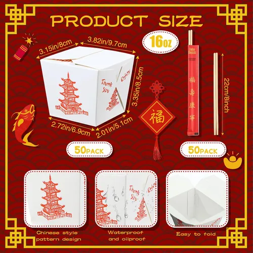 Miniatura 2 de Tioncy 50 juegos de cajas chinas de 16 onzas con palillos, recipientes de papel para alimentos que incluyen 50 cajas para llevar, 50 pares