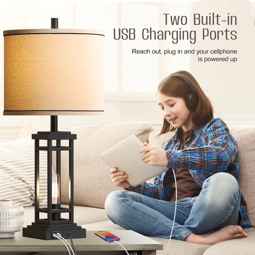 Miniatura 5 de ROTTOGOON Lámpara de mesa de granja de 27.5 pulgadas de altura con puertos de carga USB C + USB A, lámpara rústica para sala de estar, lámpara