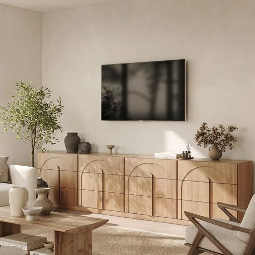 Miniatura 15 de BELLEZE Juego de soporte modular de TV de 4 piezas, centro de entretenimiento moderno con asas anchas de madera, aparadores con estantes ajustables