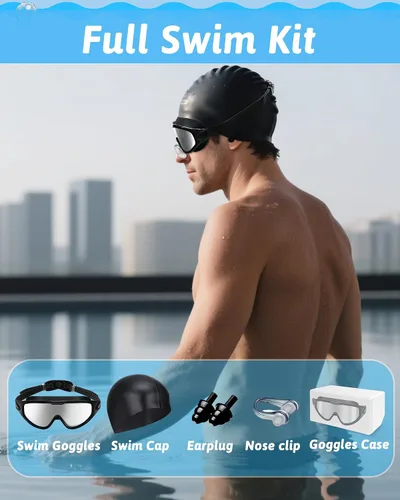 Miniatura 6 de Gafas de natación antivaho anti UV, visión amplia y sin fugas, gafas de natación y gorro de natación para hombres, mujeres, adultos y jóvenes Negro