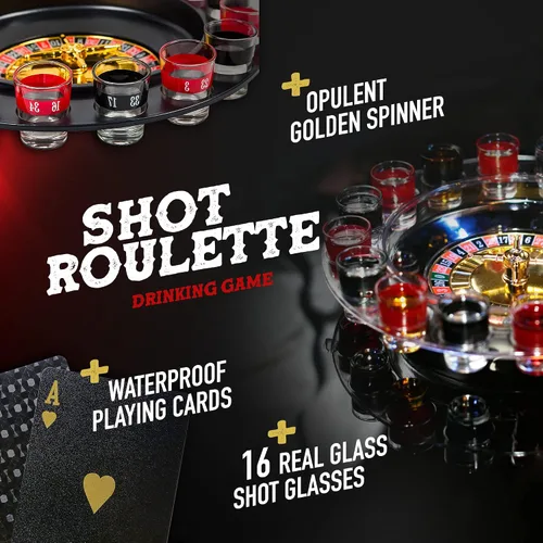 Miniatura 2 de BETTERLINE Juego de cartas de póquer y ruleta de vaso de chupito - Rueda giratoria, 2 bolas y 16 vasos de chupito - Casino Juegos de fiesta