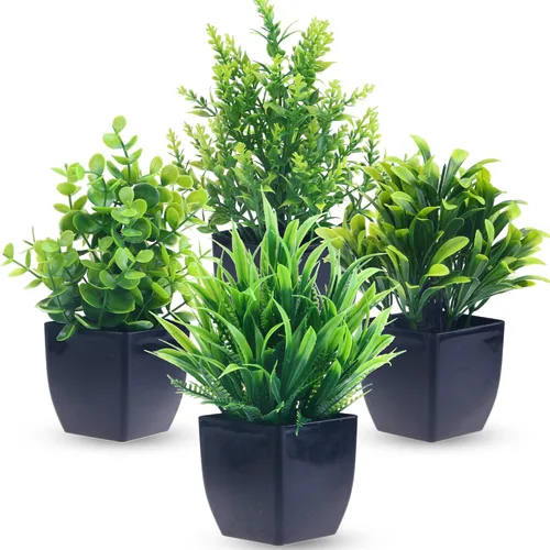 Miniatura 9 de GREENTIME Paquete de 4 plantas falsas en maceta negra, pequeñas plantas artificiales de eucalipto en maceta, hierba de trigo, mini vegetación