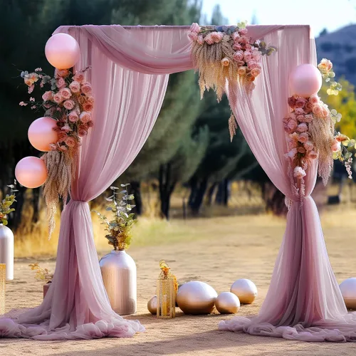 Miniatura 5 de Tela drapeada para arco de boda de 28 x 19 pies, telón de fondo de tela de gasa transparente, 1 panel de cortinas de rosa polvorienta para Cortina