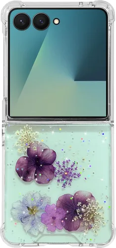 Miniatura 26 de Abbery Funda transparente para Samsung Galaxy Z Flip 3 5G, transparente y con diseño de purpurina bonita con purpurina floral prensada de Rosa