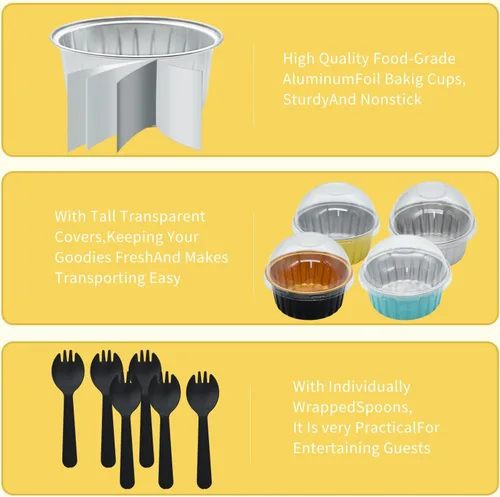 Miniatura 3 de Moldes desechables dorados, 30 unidades, 5 onzas, mini tazas de aluminio para hornear con tapas, forros para cupcakes de crema brulee, moldes