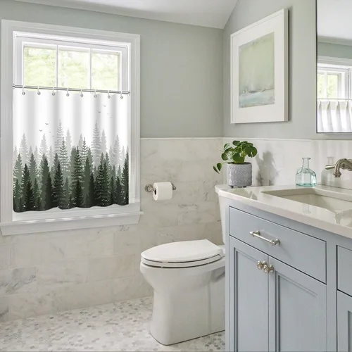 Miniatura 3 de Cortina de Ducha y Ventana, Cortina Verde y Gris de Bosque Pequeña y Corta Impermeable para Baño con Ganchos, 30x36 Pulgadas